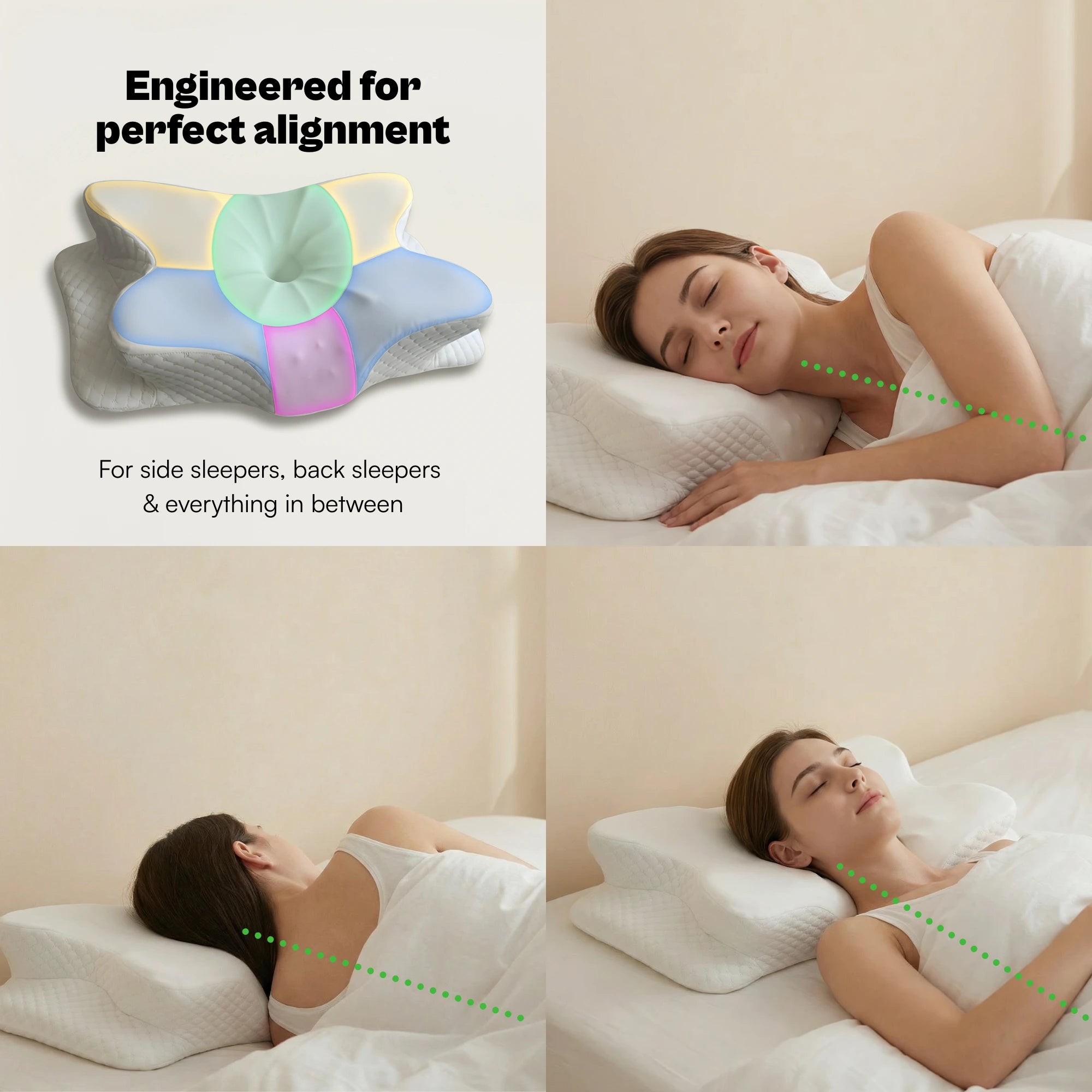 Butterfly pillow with cervical alignment — neck supported, shoulder relieved